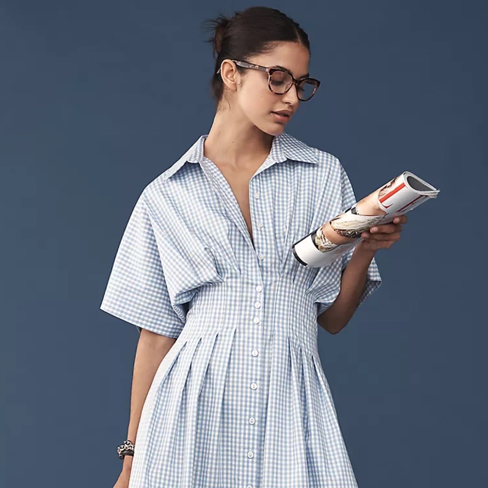 Anthropologie Tobie Shirt Dress Light Blue Gingham Midi Dress